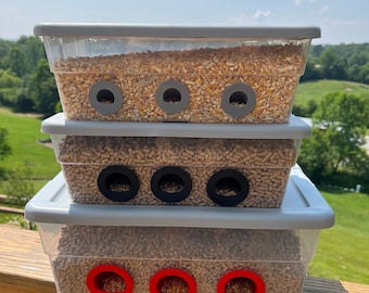 Quail & Chick Feed Saver Port - Made in USA - 3D Printed - Reduces food waste and saves money! DIY Bucket Pail Bin Container