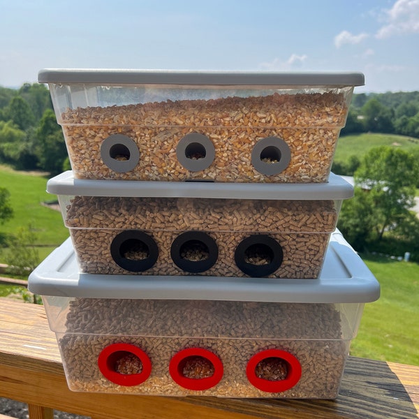 Quail & Chick Feed Saver Port - Made in USA - 3D Printed - Reduces food waste and saves money! DIY Bucket Pail Bin Container