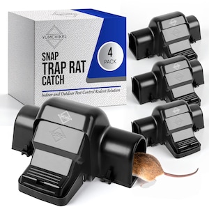 May include: A four-pack of black snap trap rat catches with a white and blue box. The box reads "SNAP TRAP RAT CATCH" and "Indoor and Outdoor Pest Control Rodent Solution". One trap contains a brown rat.