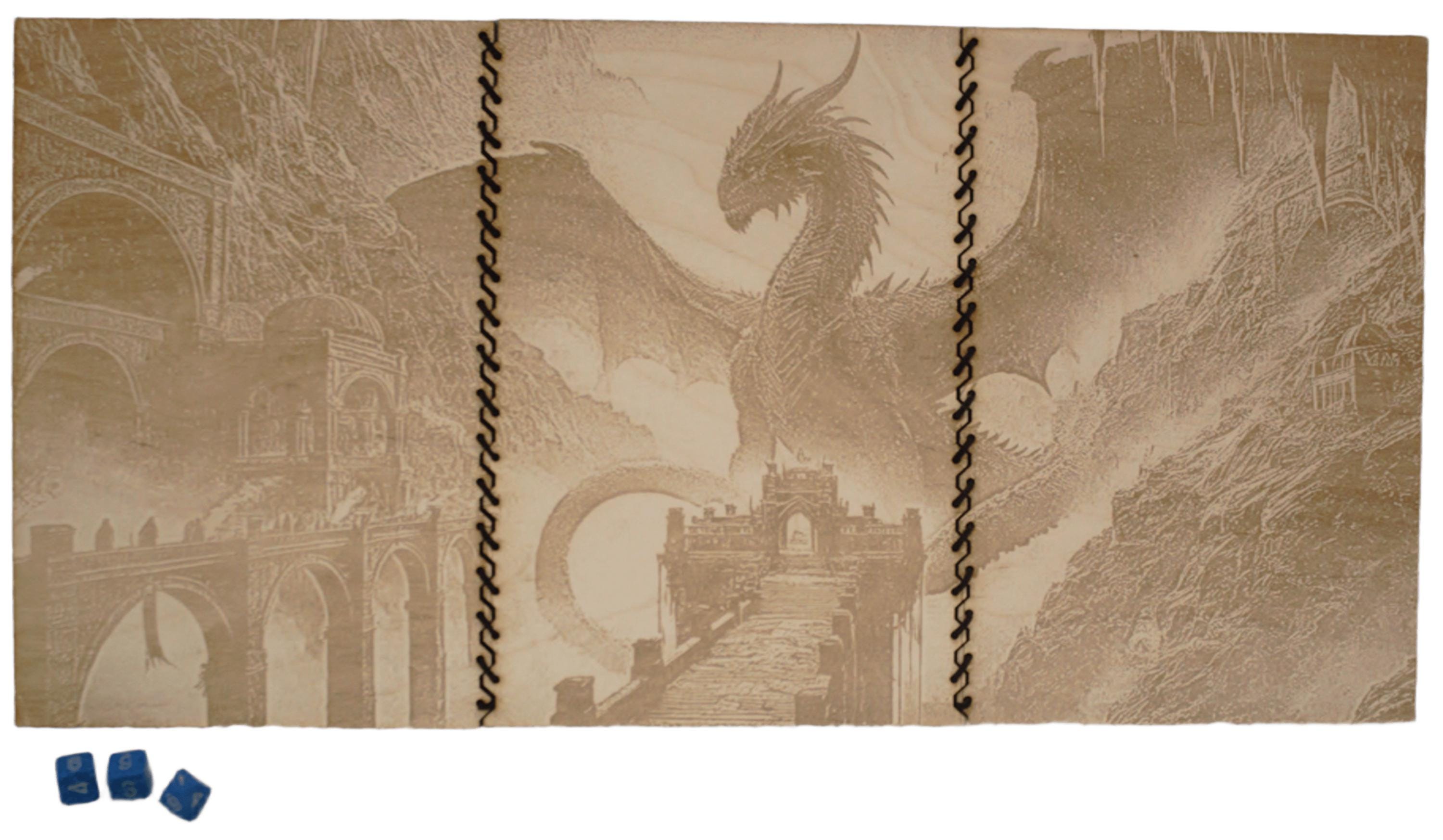 Engraved wooden RPG Game Master Screen. Dragon at the gates. For D&D, Warhammer, Pathfinder, Call of Cthulhu