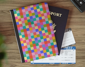 Elmer Passport Cover | Colorful Geometric PU Faux Leather Travel Wallet (3.9" x 5.8")