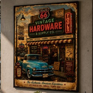 Vintage Hardware Store Poster, Route 66 Wall Art, Americana Decor, Rustic Workshop Print, Garage Decor, Retro Main Street USA