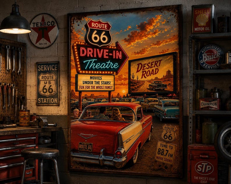 Route 66 Drive-in Theater Poster | Vintage Americana Wall Art | Retro ...
