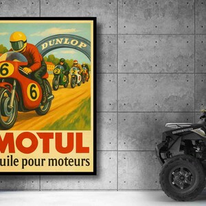 Póster vintage de carreras de motos Motul – Póster publicitario de aceite de motor retro | Decoración de pared para garaje, taller, bistró, colección de coches y motos.