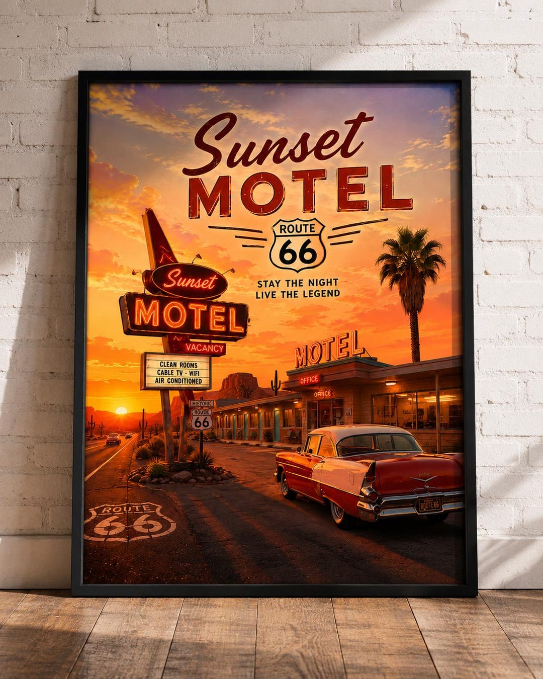 Sunset Motel Route 66 Poster | Vintage Americana Wall Art | Retro Motel ...