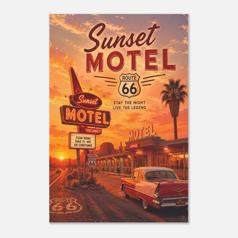 Sunset Motel Route 66 Poster | Vintage Americana Wall Art | Retro Motel ...