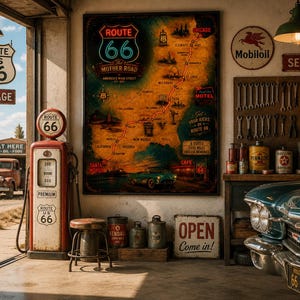 Peut inclure: Intérieur de garage vintage avec signalisation de la Route 66. Une grande carte de la Route 66 est accrochée au mur, et une voiture classique est garée à l'intérieur. Une pompe à essence vintage et une enseigne Mobil sont également visibles.