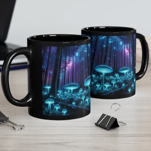 Phosphorescent Forest Cup - Brighten Your Brew Time with this Bioluminescent Fungi Mushroom 11 oz Mug, Echoing the Mystical Glow of Nature