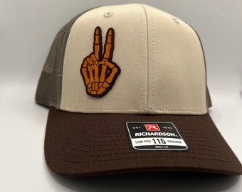 Skeleton Peace Sign Leather Engraved Patch Hat