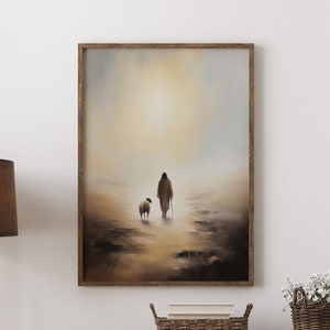 The Good Shepherd Poster, Jesus Leaves the 99 Sheep, Watercolor Bible Painting, Parable of The Lost Sheep, Religious Gift - Optional Frame