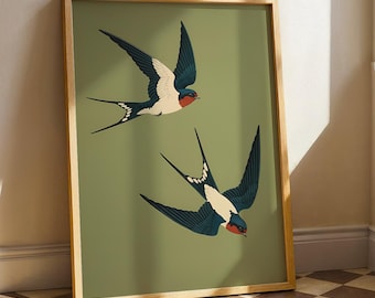 Vintage Swallow Poster - Lithograph Bird Wall Art, Flying Birds Decor