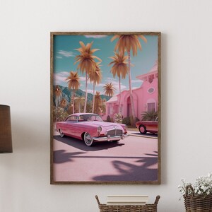 Impresión de Cadillac rosa, coche americano vintage, arte de pared moderno de mediados de siglo, impresión de coche retro, pintura de Cadillac rosa, arte de Elvis - marco opcional