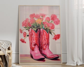 Pink Cowgirl Boots Floral Print: Western Nursery Wall Art