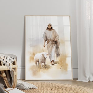 Parable of the Lost Sheep Poster by Wallency - Watercolor Wall Art, Jesus and the Lamb Portrait, Jesus Leaves The 99 Art - Optional Frame