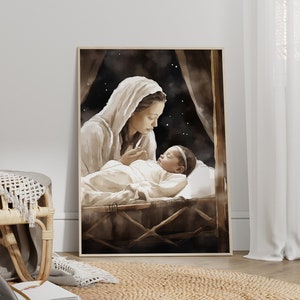 Maria und ein Baby in einer Krippe Poster - Geburt von Jesus Wandkunst, Kinderzimmer Wanddekoration, Kirche Wandkunst, christliche Geschenkidee - Optionaler Rahmen