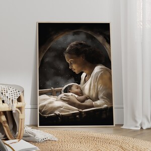 Schwarze Maria und Baby in einer Krippe Poster - Geburt von Jesus Wandkunst, Kinderzimmer Wanddekoration, Kirche Wandkunst, Christliche Geschenkidee - Optionaler Rahmen