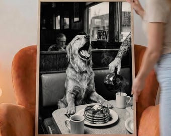 Póster de restaurante Golden Retriever – Lámina decorativa de pared en blanco y negro para desayunos y café