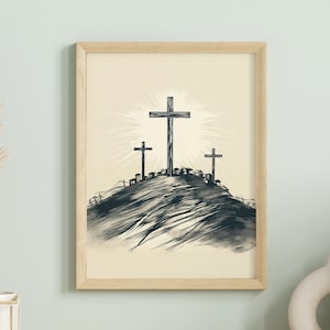 Jesus Crucifixion Poster - Religious Wall Art, Three Crosses on Golgotha Hill Christian Wall Decor, Christian Gift Idea - Optional Frame