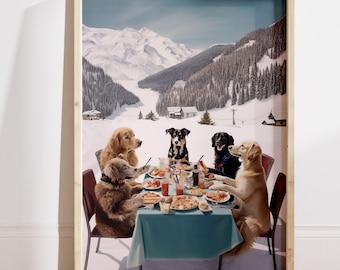 Funny Ski Resort Dogs Poster: Whimsical Animal Print (Digital File