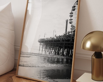 Santa Monica Pier Print: Schwarz-Weiße Riesenrad Fotografie, Kalifornien Küsten Kunst