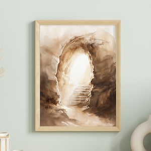 He Is Risen Poster: Empty Tomb Watercolor Painting, Christian Home Decor
