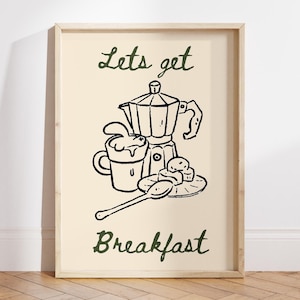 Póster Vamos a desayunar, póster de café de buenos días, regalo para amantes del café, impresión estética de la estación de café, arte de pared de cocina - Archivo digital