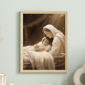 Maria und Jesuskind in einer Krippe Poster - Geburt von Jesus Wandkunst, Kinderzimmer Wanddekoration, Kirche Wandkunst, christliche Geschenkidee - Optionaler Rahmen