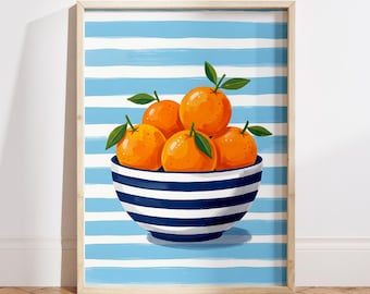Coastal Kitchen Wall Art, Blue White Citrus Painting, Oranges Fruit Bowl Print, Mediterranean Decor