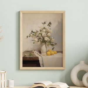 Lemon & Flower Still Life Painting: Vintage Farmhouse Poster