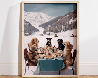 Dogs in a Ski Resort Poster - Skiing Wall Art, Funny Animal Wall Art, Animal Prints, Skiier Gift Idea, Dog Lover Decor - Digital File