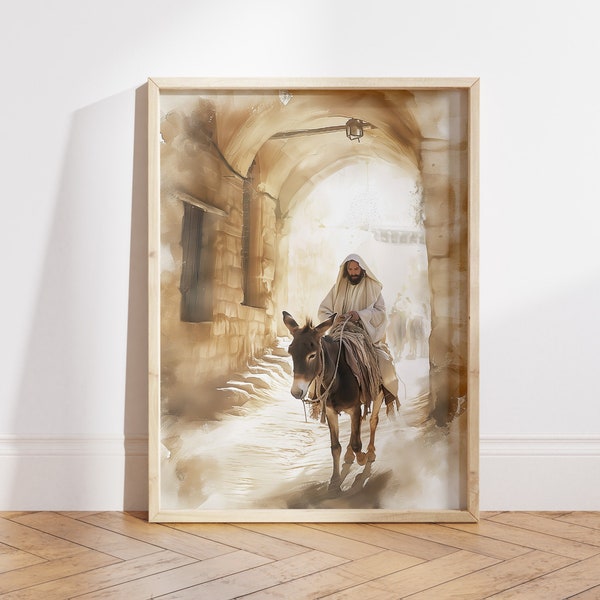 Jesus on a Donkey Entering Jerusalem Poster by Wallency - Watercolor Christian Wall Art, Jesus Painting, Christian Gift Idea - Digital File