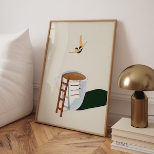 Stampa poster Coffee Diver, poster del buongiorno con caffè, regalo per gli amanti del caffè, arte murale della stazione del caffè, arte murale alla moda per la cucina - Cornice opzionale