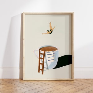 Póster impreso de Coffee Diver, póster de café de buenos días, regalo para amantes del café, arte de pared de estación de café, arte de pared de cocina de moda - Archivo digital