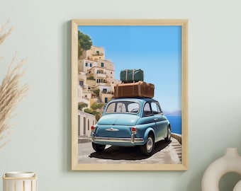 Blue Fiat 500 Print: Retro Italian Car, Amalfi Coast Wall Art