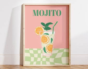 Mint Mojito Cocktail Poster by Wallency - Retro Wall Print, Minimalist Print, Cheers Trendy Art Print, Kitchen Bar Cart Art - Digital File