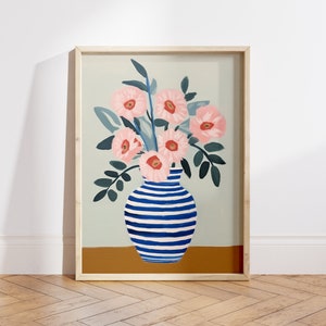 Arte de pared de jarrón de flores rosas, impresión estilo Matisse, pintura de bodegones de flores, cartel del mercado de flores, decoración de cocina de granja - archivo digital
