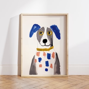 May include: A framed illustration of a dog with blue ears, a yellow collar, and a pink and blue patterned shirt. The dog is painted in a simple, childlike style.
