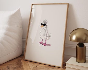 Duck in Towel Poster: Preppy Pink Bathroom Art Print