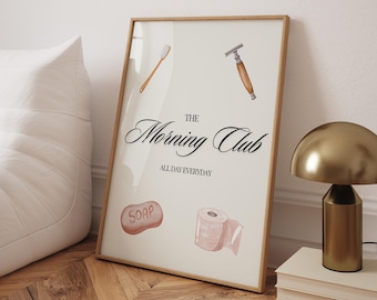 Póster de The Morning Club: Impresión artística con elementos esenciales para el baño en acuarela