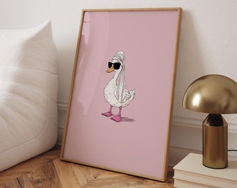Duck in Towel Poster: Preppy Pink Bathroom Art