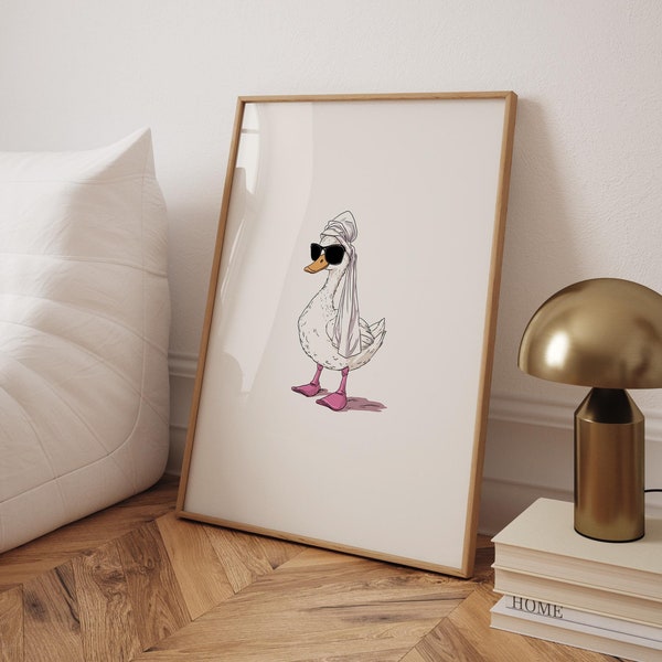 Duck in Towel Poster: Preppy Pink Bathroom Art Print