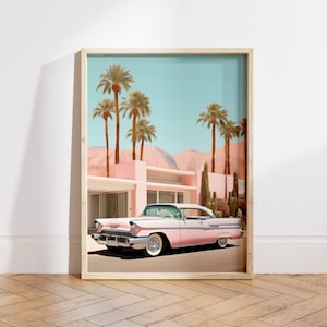 Impression Cadillac rose, voiture américaine vintage, art mural moderne du milieu du siècle, impression voiture rétro, peinture Cadillac rose, art d'Elvis - fichier numérique