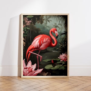 Impresión de cartel de flamenco, arte de pared de flamenco, cartel de pájaro acuarela, pintura de flamenco rosa, arte de pared vintage, impresión de vida silvestre - archivo digital