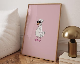 Duck in Head Towel Poster, Preppy Pink Bathroom Art