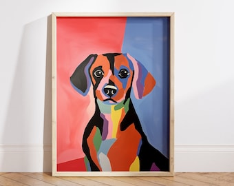 Peut inclure: Une peinture abstraite colorée d'un chien sur un fond rouge, bleu et jaune. La fourrure du chien est peinte dans une variété de couleurs, notamment le vert, le violet et l'orange.