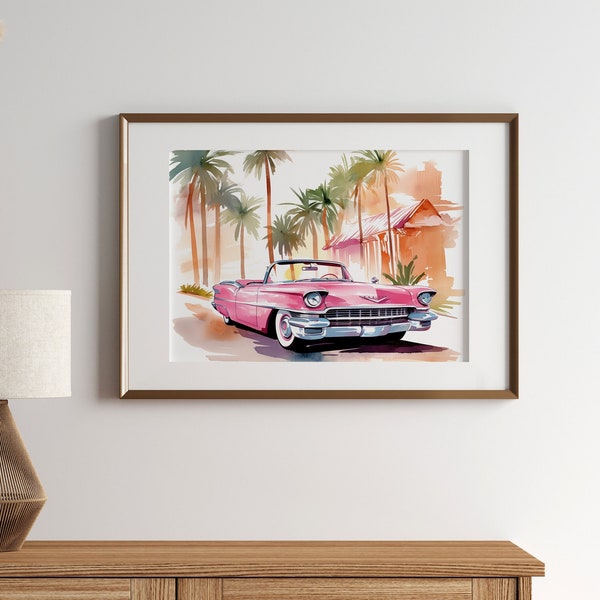 Pink Cadillac Print, Vintage American Car, Mid Century Modern Wall Art, Retro Car Print, Pink Cadillac Painting, Elvis Art - Optional Frame