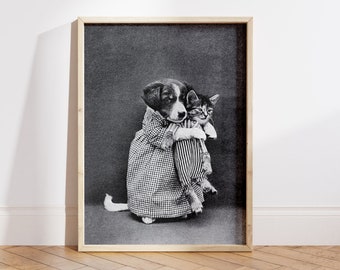 Cat and Dog Wall Art, Puppy And Kitten Print, Black and White Vintage Photo, Harry Whittier Frees, Animal Lover Art - Digital File