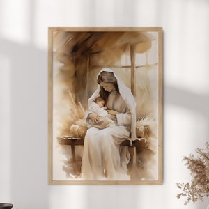 Mary Holding Baby Jesus Poster by Wallency - Birth of Jesus Wall Art, Bible Nativity Scene Wall Decor, Christian Gift Idea - Optional Frame