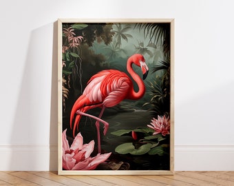 May include: A framed print of a pink flamingo standing in a tropical jungle setting. The flamingo is in profile, with its head turned to the side, and its long neck is curved. The jungle is lush and green, with large leaves and flowers. The print is set against a white wall.