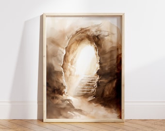 May include: A framed art print with an abstract watercolour painting. The artwork shows a cave-like structure with bright light from the opening. The colour palette uses warm brown and beige tones, with a staircase leading towards the light.